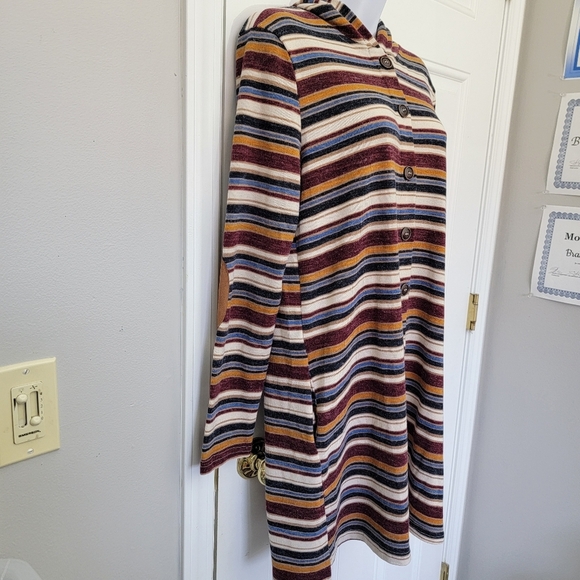 Doe And Rae Striped Multicolor Hooded Button Up Cardigan Elbow Patches Medium - Picture 4 of 11